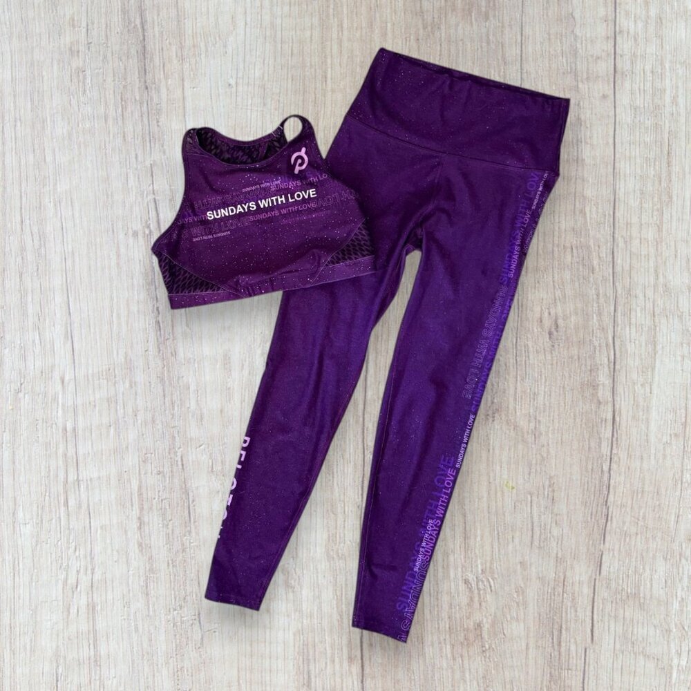 Peloton Sundays With Love Purple Sparkle Bra & Legging Set Yoga Fitness Size M